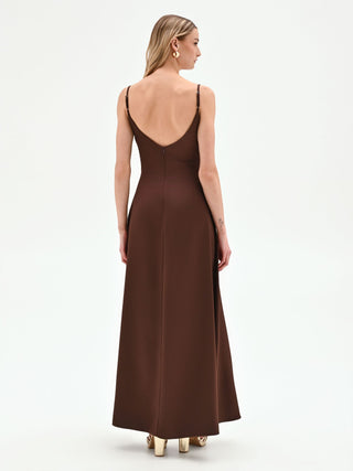 Abito lungo cioccolato con corpino drappeggiato