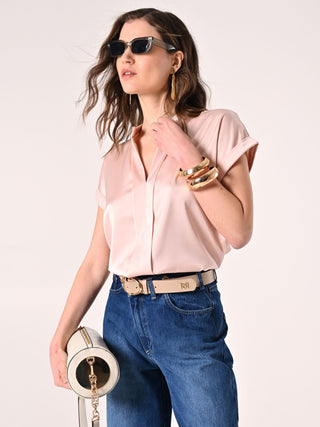 Pink Blouse with Mandarin Collar