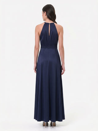 Robe longue bleu marine en satin avec décolleté halter