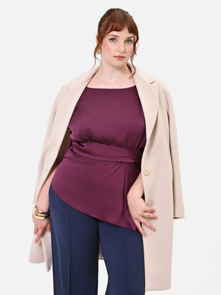 Burgundy Satin Curvy Blouse with Asymmetric Drape