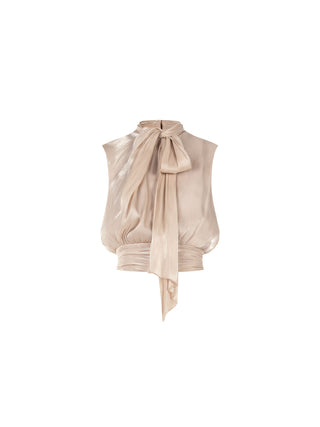 Top tortora beige con fiocco laterale in raso