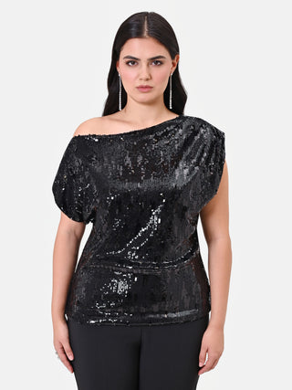 Curvy Black Asymmetrical Sequin Blouse