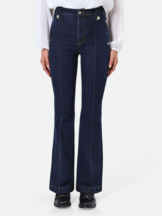 Navy Blue Flared Jeans with Gold Buttons