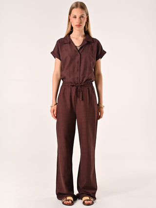 Pantalon ample marron chocolat en lin et coton