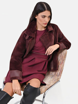 Chocolate Cropped Aviator Jacket with Faux Leather Details