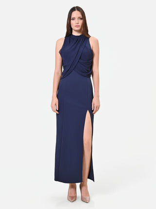 Robe longue bleu marine à encolure drapée