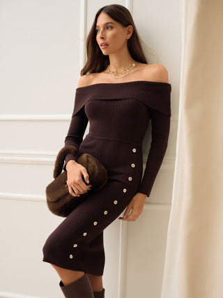Robe midi en mélange de viscose marron foncé avec boutons décoratifs