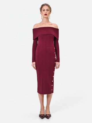 Burgundy Viscose Sheath Dress with Decorative Buttons
