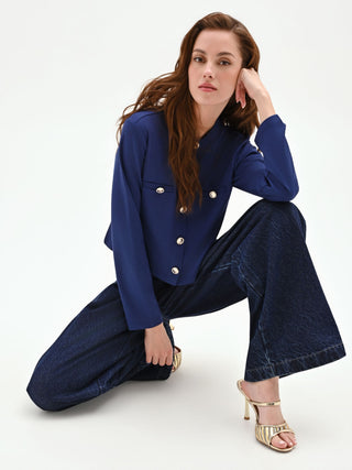 Cardigan blu morbido con bottoni dorati