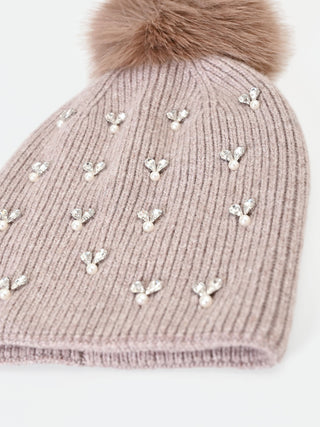 Gorro beige topo con cristales y pompón
