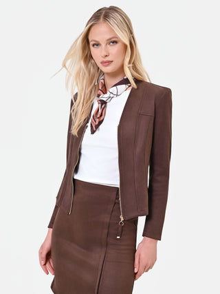 Dunkelbraune Kunstlederjacke mit Schößchen