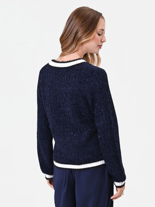 Maglia blu navy effetto tweed con profili a contrasto