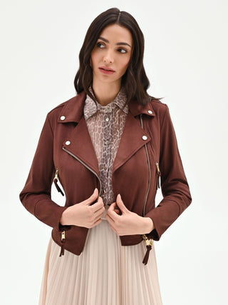 Chocolate faux suede biker jacket