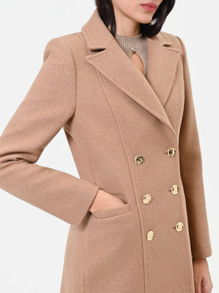 Beige Camel Double-Breasted Coat with Gold Buttons
