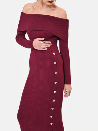 Burgundy Viscose Sheath Dress with Decorative Buttons