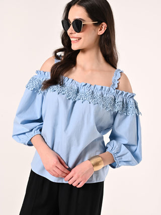 Light Blue Off-the-Shoulders Blouse with Lace Insert