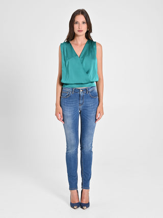 Crossover Top in Jade Green Satin