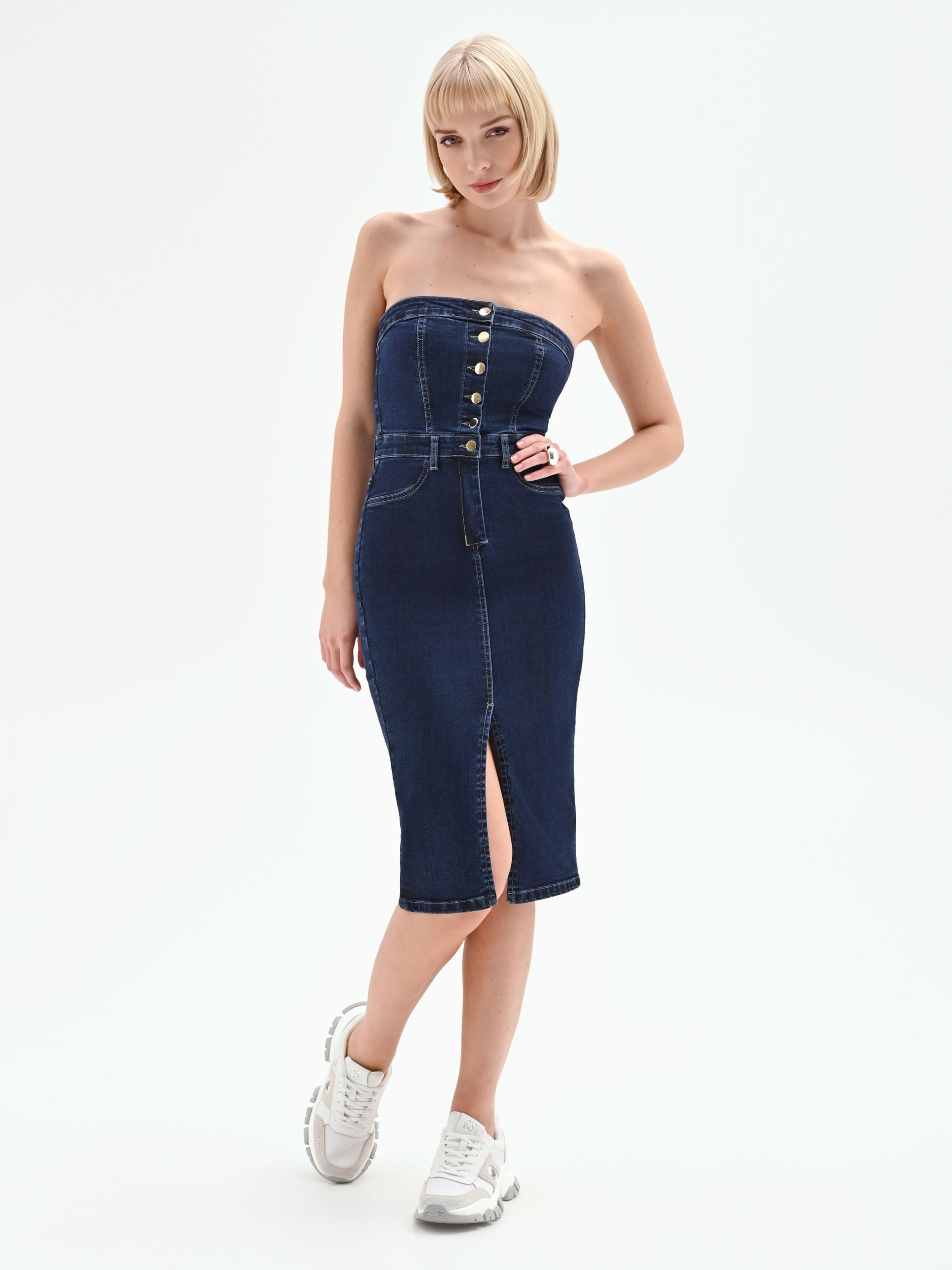 Navy Denim Sheath Dress with Gold Buttons  Rinascimento