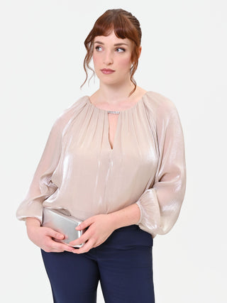 Curvy Beige Taupe Satin Blouse with Jewel Detail