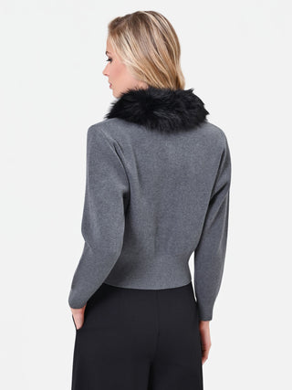 Cardigan in viscosa grigio scuro con collo effetto pelliccia