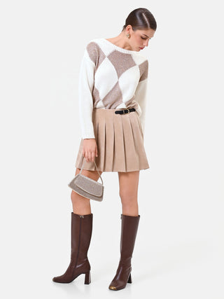 Minigonna beige a pieghe effetto scamosciato