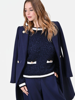 Maglia blu navy effetto tweed con profili a contrasto