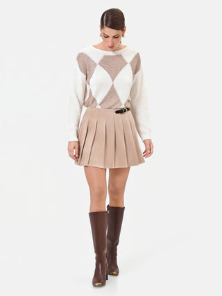 Minigonna beige a pieghe effetto scamosciato