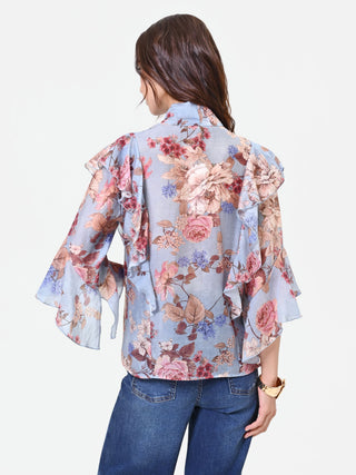 Sky Blue Floral Bow Blouse
