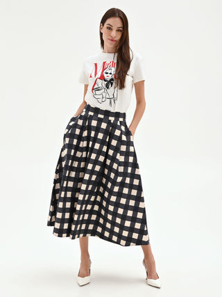 Gonna midi nera con fantasia a maxi quadri