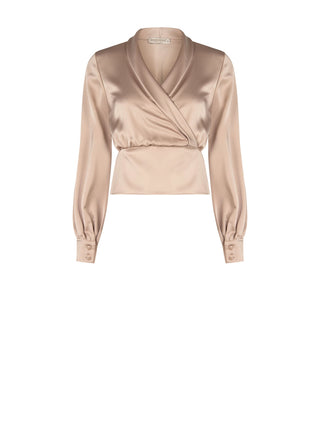 Taupe Beige Satin Wrap Blouse