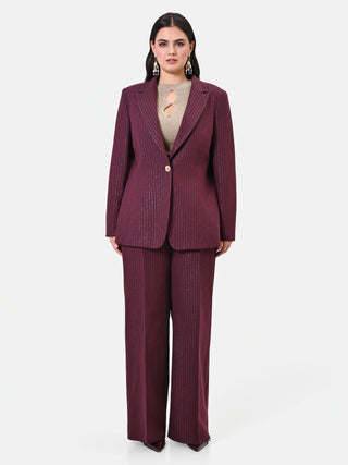 Curvy Single-Breasted Burgundy Pinstripe Viscose-Blend Jacket