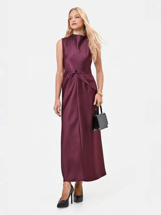 Long Burgundy Red Satin Dress with Draped Knot