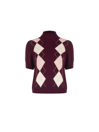 Maglia dolcevita in viscosa bordeaux con motivo a rombi