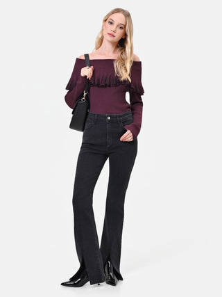 Black Flared Jeans with Front Slits