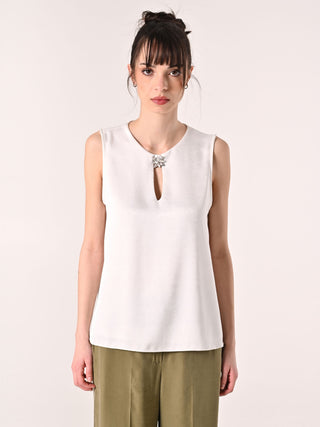 White Textured Top with Brooch