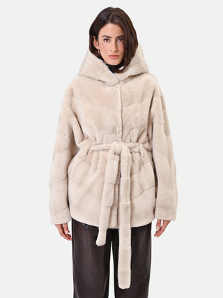 Beige Hooded Wrap Coat with Striped Texture