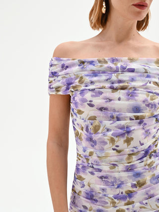 Langes Kleid mit Blumenprint in Violett und Flieder