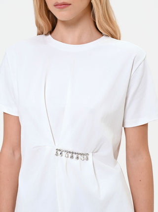 Cream White Draped T-Shirt with Rhinestones