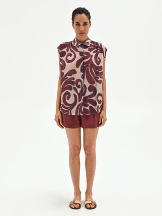 Brown Abstract Print Sleeveless Blouse