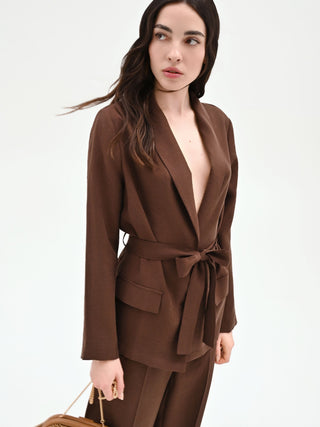 Chocolate Belted Shawl Lapel Jacket