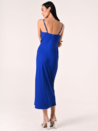 Abito Blu Cina con Scollo Incrociato e Drappeggio