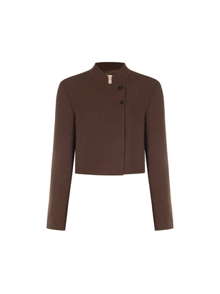 Dunkelbraune Cropped-Jacke mit asymmetrischem Verschluss