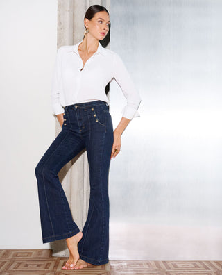 Jeans a zampa blu navy stile marinière high waist