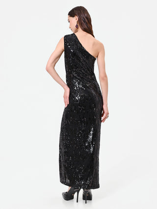 Black One-Shoulder Sequin Gown