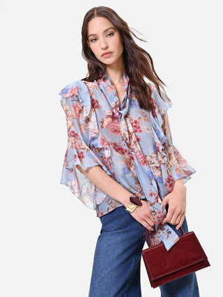 Sky Blue Floral Bow Blouse