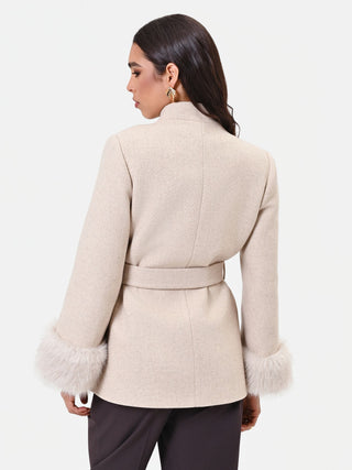 Short Beige Taupe Coat with Faux Fur Cuffs