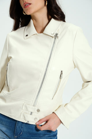 Smooth Faux Leather Jacket in Cream 