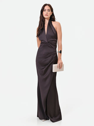 Robe longue couleur chocolat avec drapé