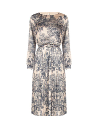 Abito midi grigio toile de jouy con gonna plissettata