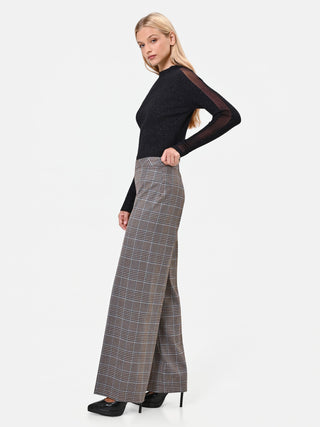 Dark Brown Check Polyviscose Wide-Leg Trousers